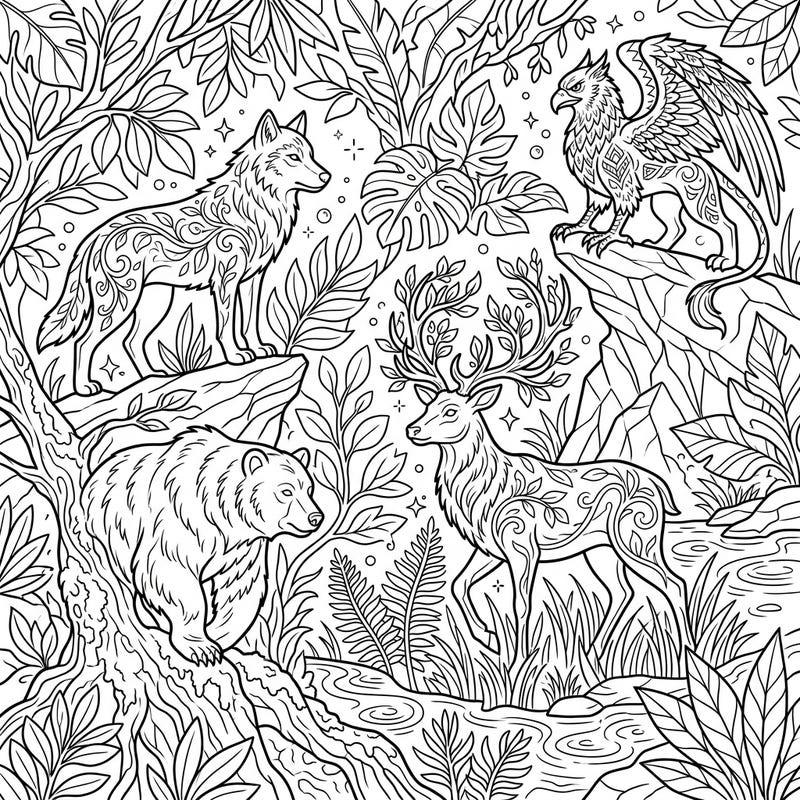 Unleash your creativity with this magnificent coloring page featuring intricate wild animal sculptures. Journey into an enchanted forest and bring these majestically patterned creatures to life with your favorite colors.