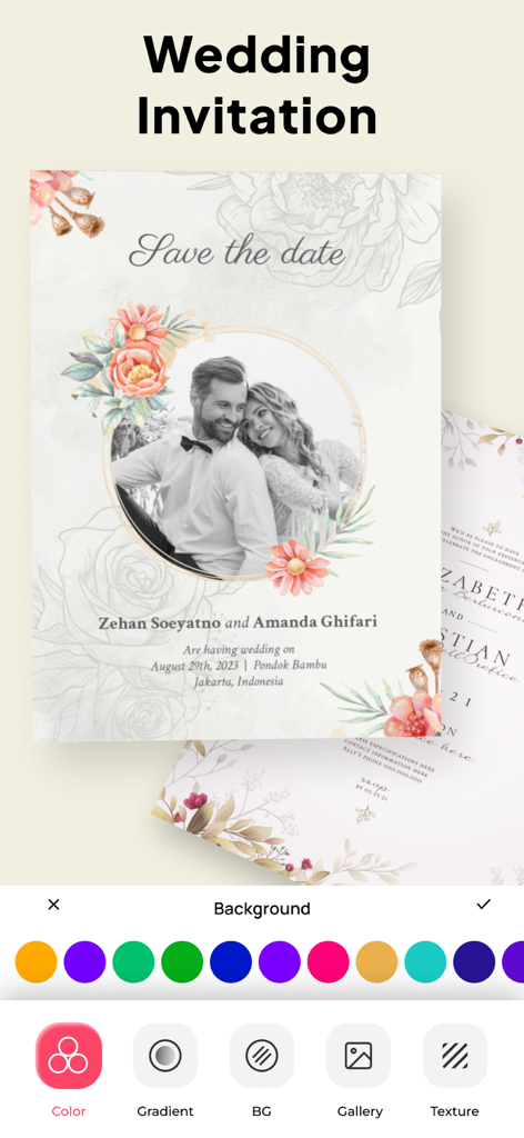 Invitation Card Maker . RSVP - A mobile app interface showing a wedding invitation with a couple photo and background color customization tools