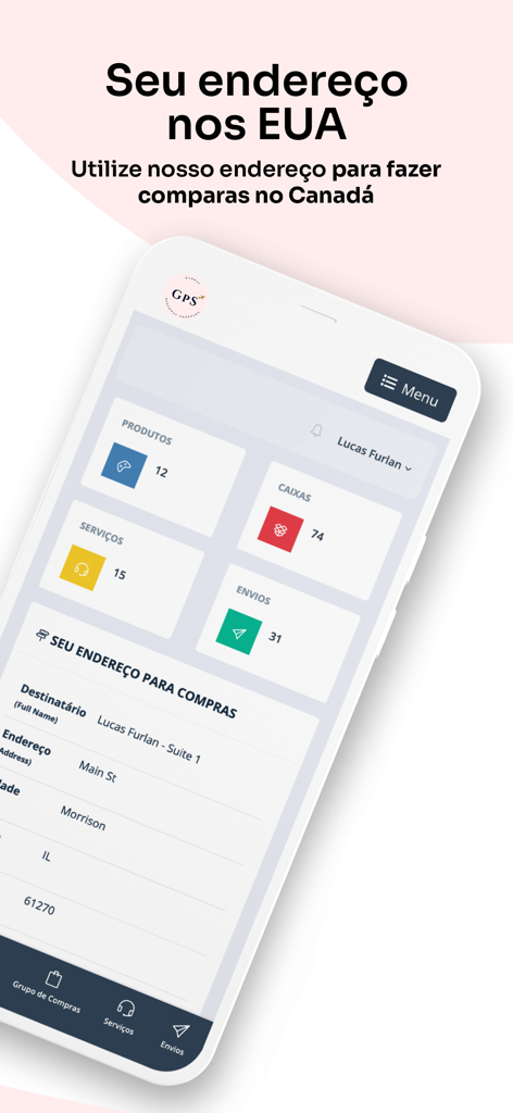 Tableau de bord de l'application GPS affichant une adresse d'expédition personnelle aux États-Unis et des résumés de suivi de commande.