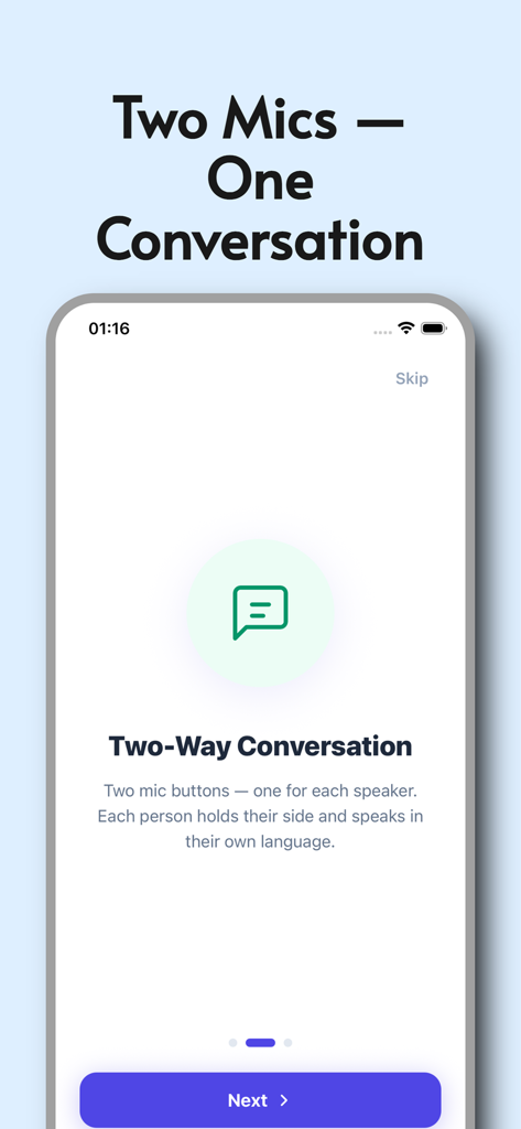 VoiceBridge: Voice Translator - VoiceBridge app onboarding screen showing the two-way conversation feature with dual microphones for real-time translation