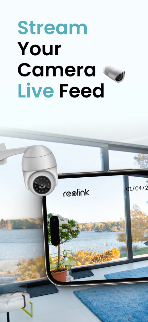 Smartphone che mostra un feed di telecamera di sicurezza dal vivo di una vista sul lago all'interno dell'app