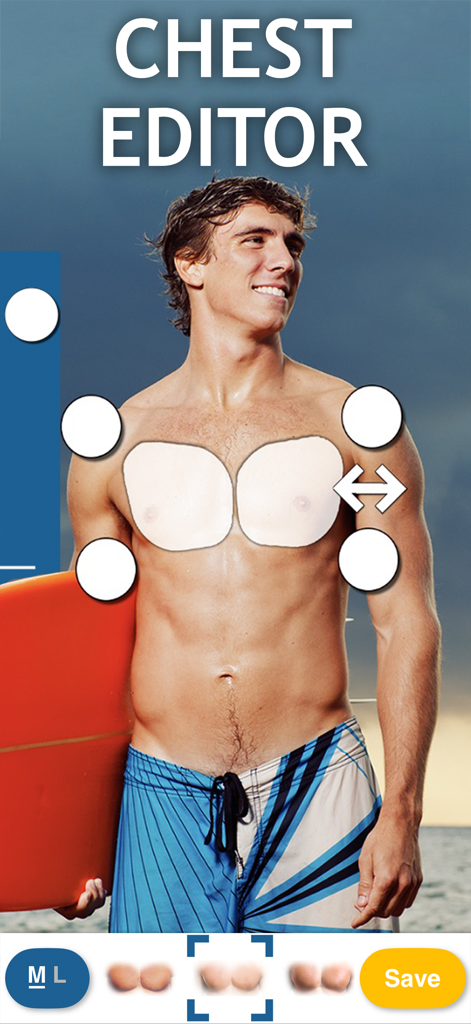 Interface de la fonction d'édition du torse montrant la retouche photo sur un modèle masculin avec une planche de surf