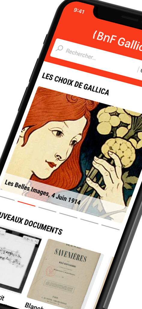 Gallica - Home screen of the Gallica app showing the search bar and historical digitized documents