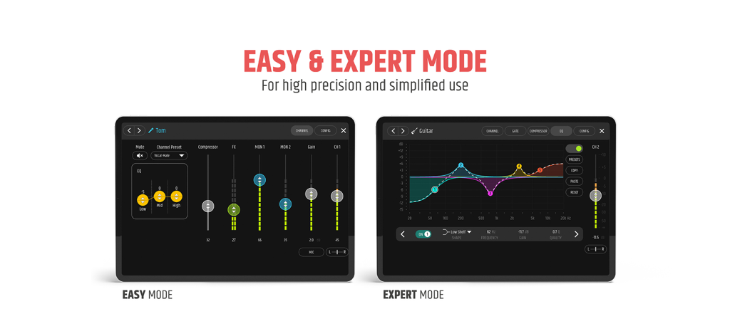 MAUI MIX - Side-by-side comparison of the simplified Easy Mode and detailed Expert Mode interfaces in the MAUI MIX app