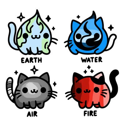 4 cats that represent the different elements, earth, water, air, and fire