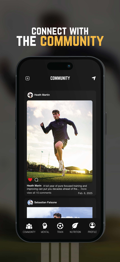 NSP Soccer Training - NSP Soccer Training app community screen showing an athletes training post in a social feed