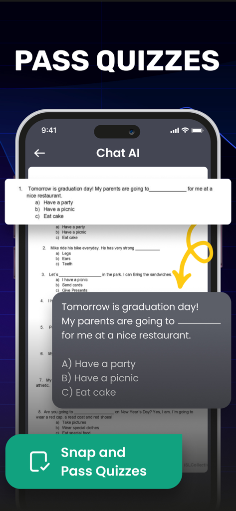 Chat AI - Ask Anything - Eine mobile Oberfläche für Chat AI zeigt eine Funktion zum schnellen Lösen von akademischen Quizfragen mit künstlicher Intelligenz