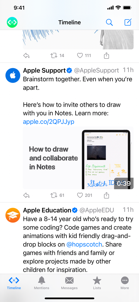 iPhone screenshot of the Spring for Twitter app showing a clean chronological timeline with tweets from Apple accounts