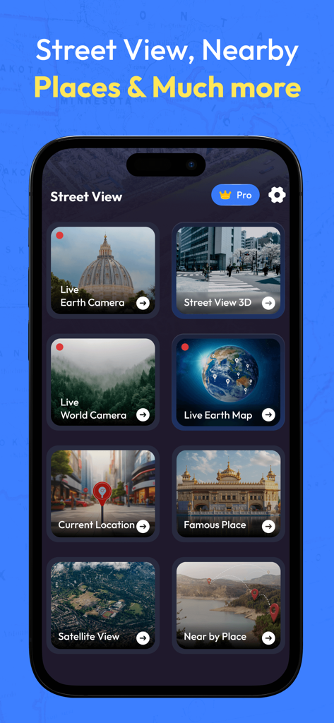 Street View Map- Live Earth 3D - A mobile app menu for Street View Map displaying options for Live Earth Camera, Street View 3D, and Satellite View.