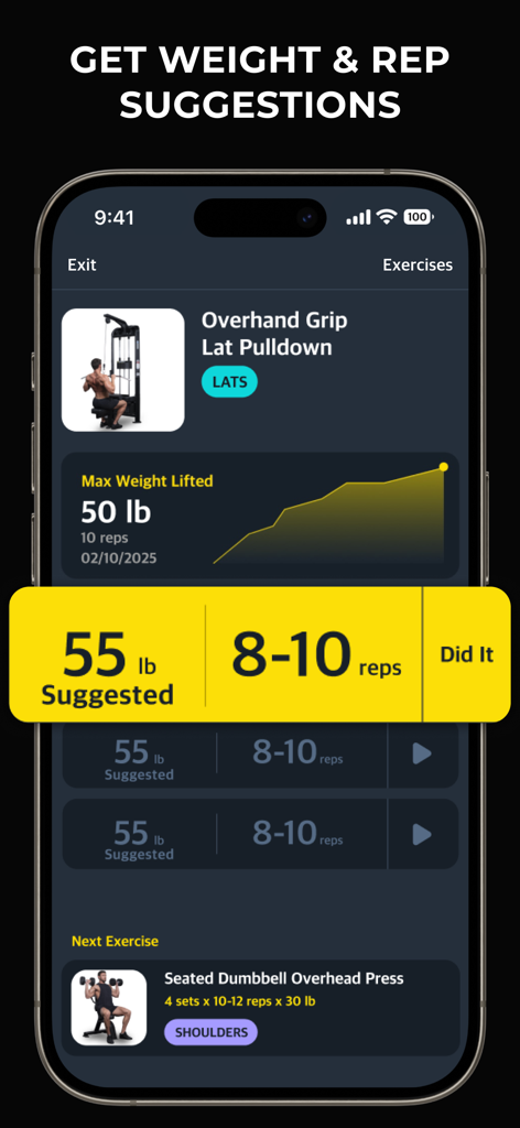 Gymverse app interface showing personalized weight and rep suggestions for a gym workout.