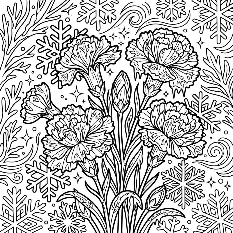 Discover the delicate beauty of wild carnations thriving in a frosty winter wonderland. This intricate coloring page invites you to bring a touch of icy elegance to life with your favorite colors.
