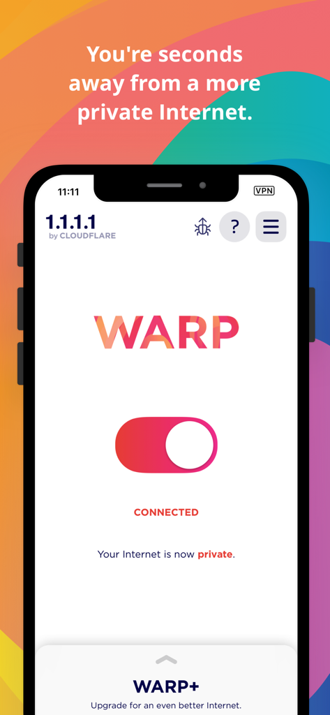 Interfaz de la aplicación Cloudflare 1.1.1.1 mostrando la conexión WARP activa con un interruptor.