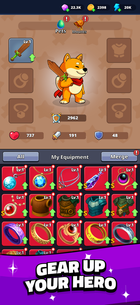 Shiba Story Go! Idle RPG Game - Pantalla de personalización del personaje héroe Shiba Inu mostrando el inventario de equipo y las estadísticas del jugador