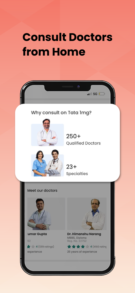 Screenshot of Tata 1mg app interface promoting online doctor consultations with over 250 qualified specialists across 23 specialties.
