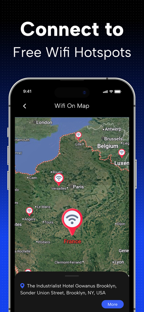 WiFi on Map : WiFi Finder - Smartphone screen showing free WiFi hotspots on a map in the WiFi on Map app
