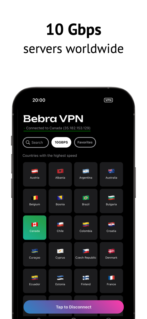 Bebra VPN app displaying 10 Gbps servers worldwide on an iPhone