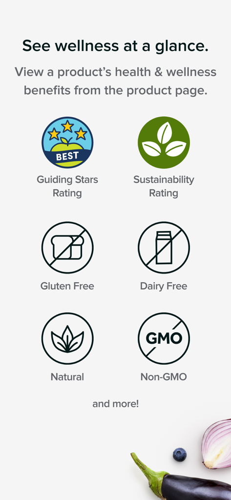 Stop & Shop - Stop and Shop app screen showing health and wellness badges like gluten free and sustainability ratings