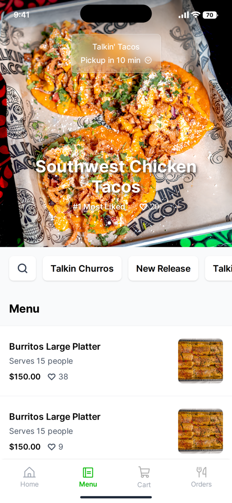 Talkin Tacos - Aplicación móvil Talkin Tacos que muestra la pantalla del menú con una imagen destacada de Tacos de Pollo Suroeste y una lista de combos de burritos para pedir.