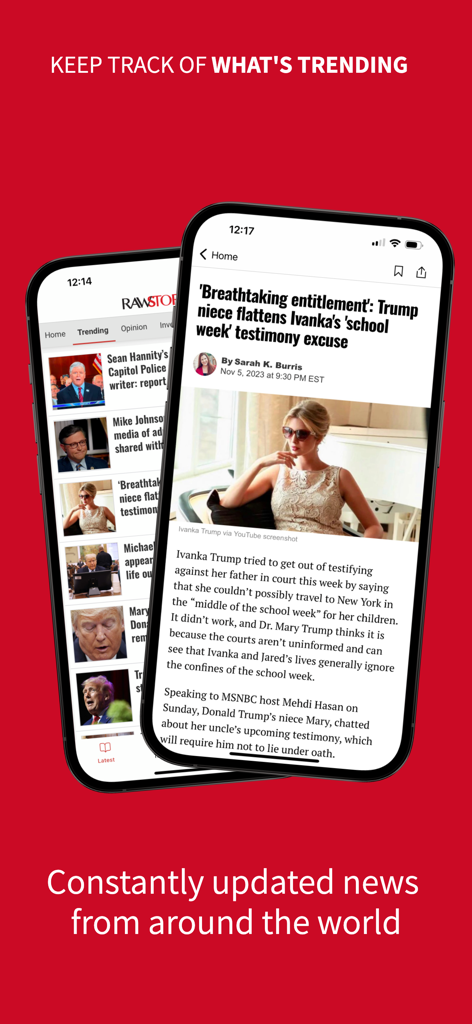 Raw Story mobile app interface showing trending news articles on two iPhones.