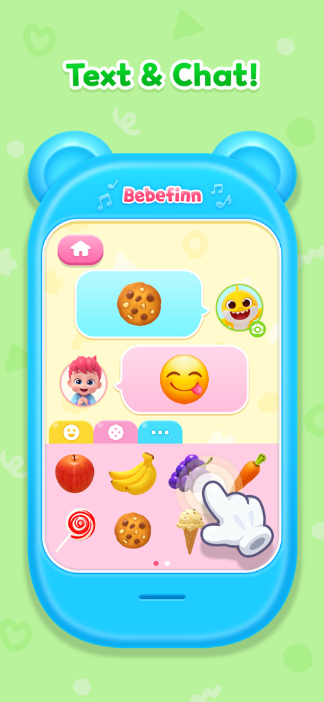 Pantalla de la aplicación Bebefinn Play Phone que muestra una interfaz de chat amigable para niños con emojis e iconos de comida.