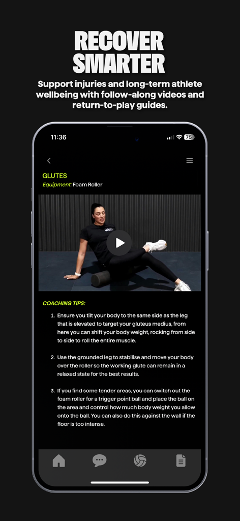 NetHub App - NetHub app recovery section featuring a video tutorial on glute foam rolling with detailed coaching tips
