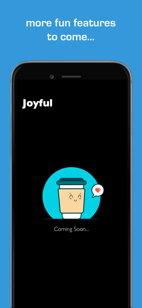 Preview screen of Alpha Blocks Unlimited showing a joyful coffee cup and coming soon message for new features