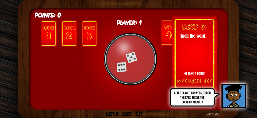 Lets Get Lit - Lets Get Lit mobile game interface showing a Spelling Bee card and dice