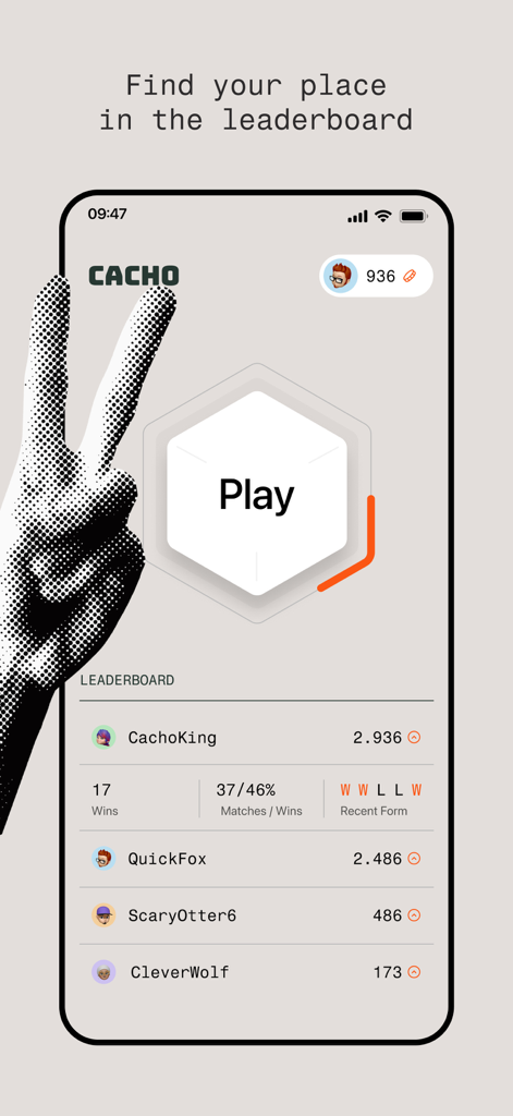 Cacho - Tela de classificação do aplicativo Cacho mostrando rankings de jogadores, porcentagens de vitórias e histórico de partidas para o jogo Dados do Mentiroso.
