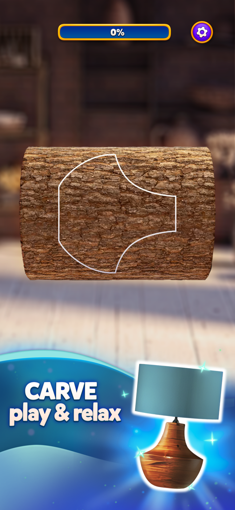 Mobile game screenshot showing a wood carving level with a lamp base outline and finished lamp product.