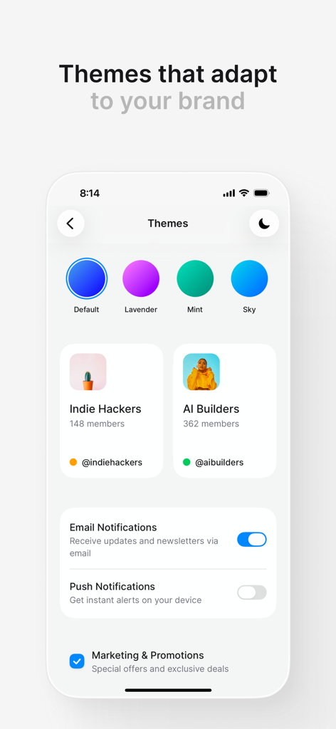 HeroUI Native - HeroUI Native app interface showcasing theme selection and customizable UI components like cards and notification toggles.