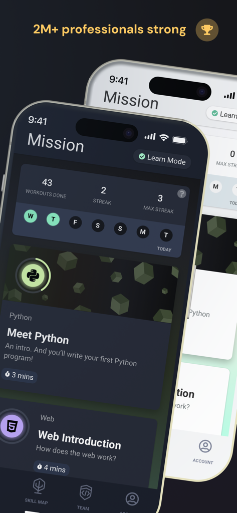 Enki app mission dashboard showing daily learning streaks and coding lesson modules for Python and Web.