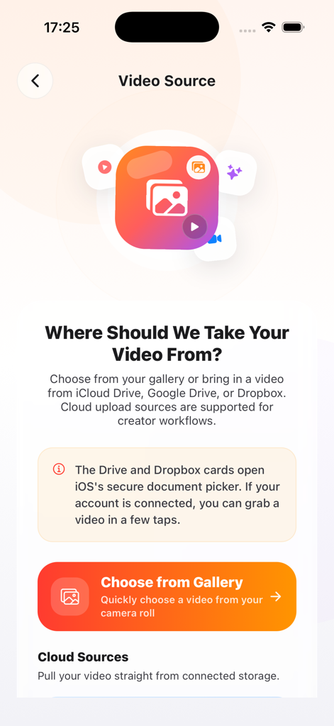 PostChef AI: Recipe Guide - PostChef AIアプリで、ギャラリーまたはクラウドストレージから動画ソースを選択するインターフェース。
