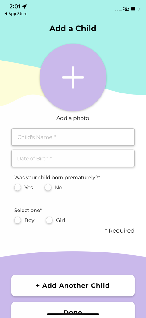 Form screen in the CDC Milestone Tracker app to add a child profile including name, birth date, and premature birth status