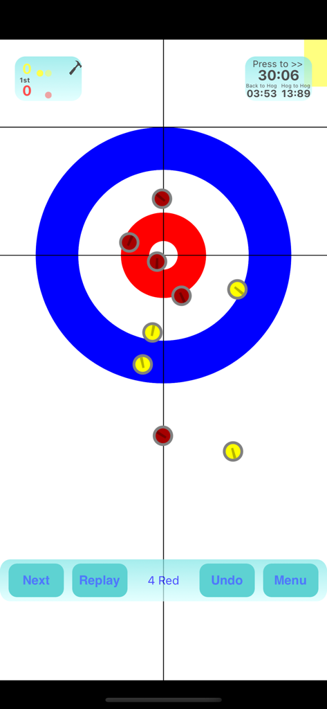 CurlingSimulator - Top-down view of a curling house with red and yellow stones in the CurlingSimulator app