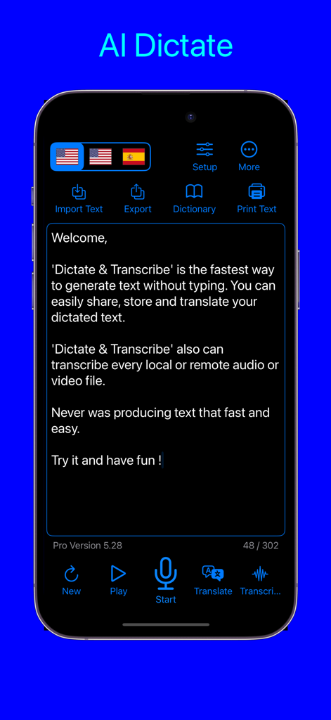 Dictation Pro - Voice to Text - Main interface of the Dictation Pro app showing voice to text and transcription features