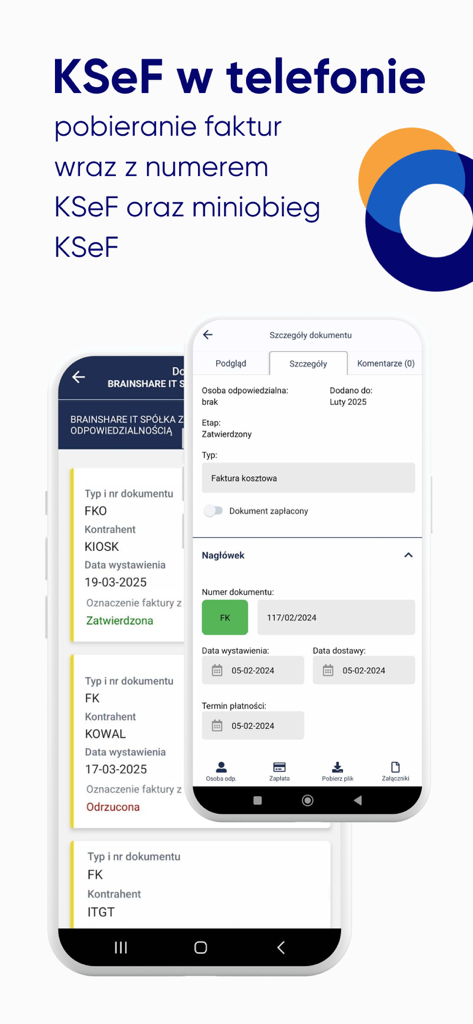 Application mobile SaldeoSMART montrant la gestion des factures électroniques KSeF et le flux de travail des documents