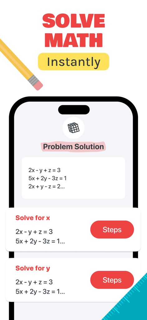 Mobile app interface showing step by step math problem solutions