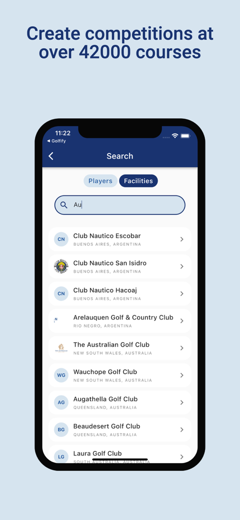Golfify - Golf Tournament App - Mobile screen of the Golfify app showing a search interface for golf courses and facilities worldwide