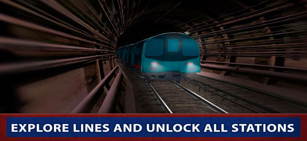 London Subway Simulator 2023 - A blue subway train driving through a dark tunnel in London Subway Simulator 2023 with text saying explore lines and unlock all stations