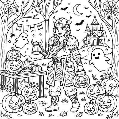 Join a brave Viking settler as they celebrate Halloween in a charmingly spooky forest filled with jack-o'-lanterns and friendly ghosts. This unique coloring page blends historical adventure with festive fun, perfect for an imaginative escape.