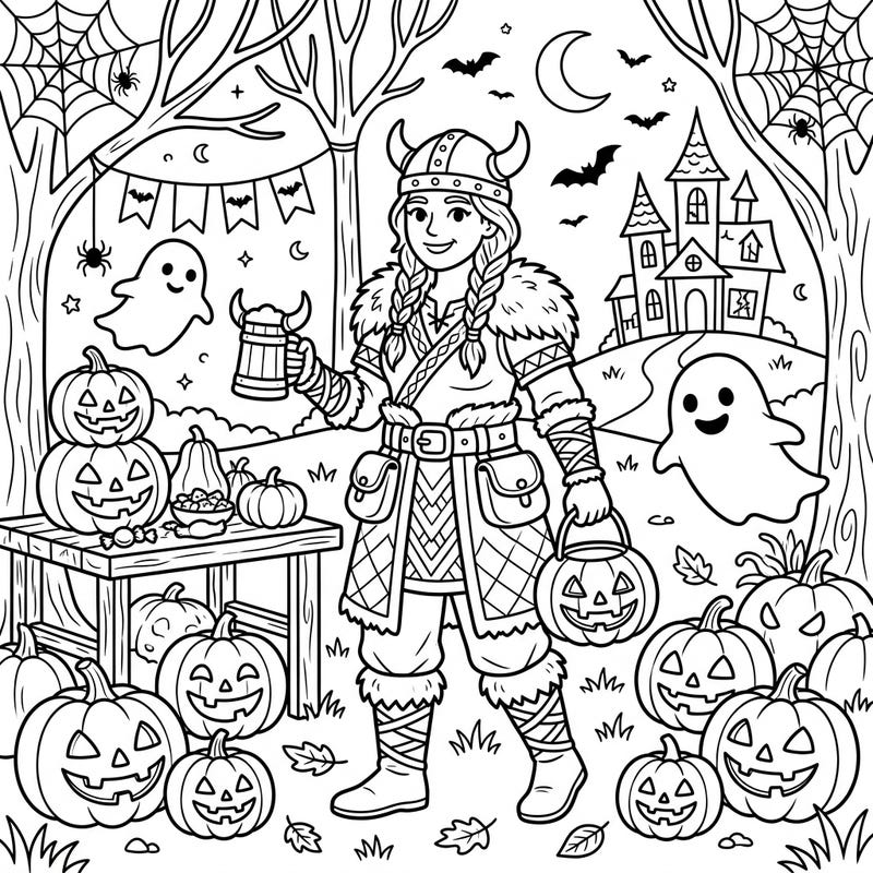 Join a brave Viking settler as they celebrate Halloween in a charmingly spooky forest filled with jack-o'-lanterns and friendly ghosts. This unique coloring page blends historical adventure with festive fun, perfect for an imaginative escape.