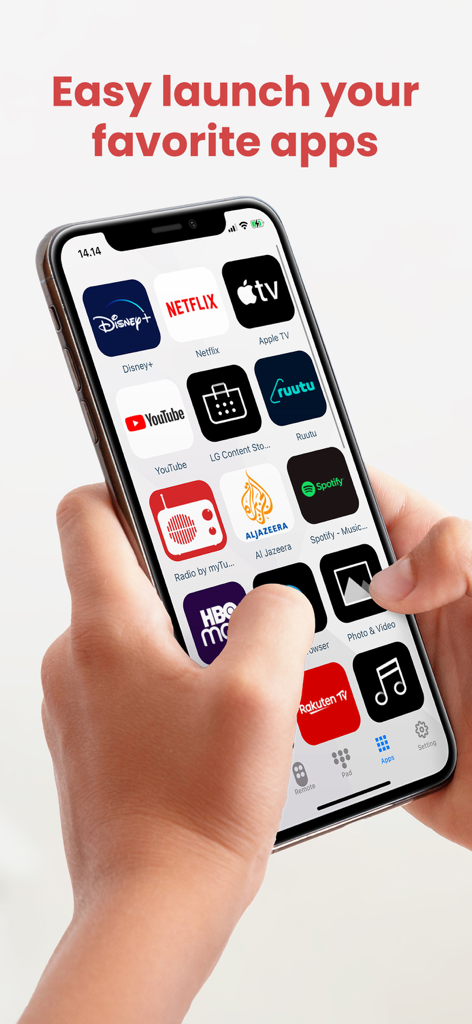 Una mano sosteniendo un iPhone que muestra la aplicación TV Remote Universal con una cuadrícula de accesos directos de transmisión como Netflix y YouTube debajo del encabezado "Lanza fácilmente tus aplicaciones favoritas"