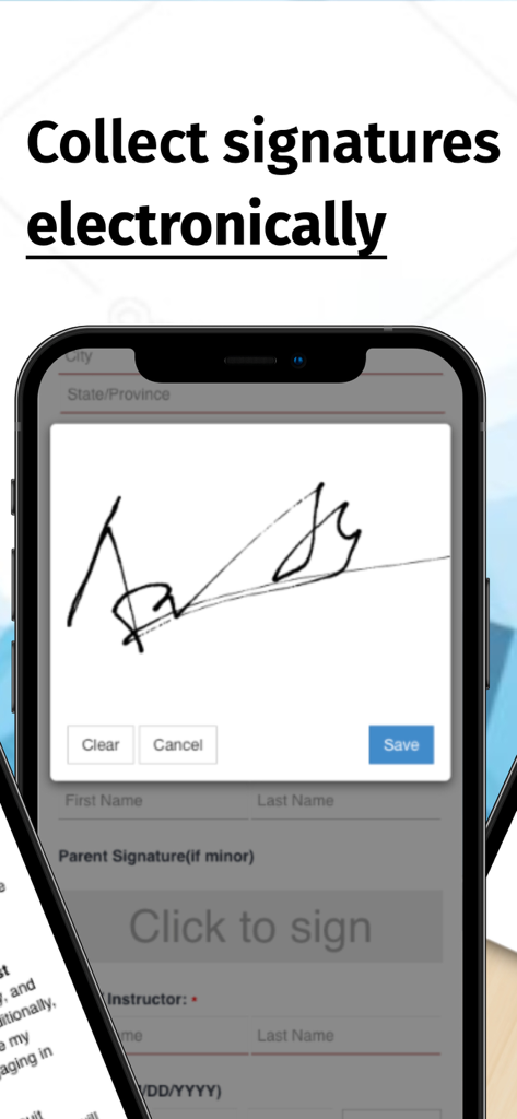 WaiverElectronic-Online Waiver - Schermo dello smartphone che mostra un pad per la firma digitale per firmare liberatorie elettroniche