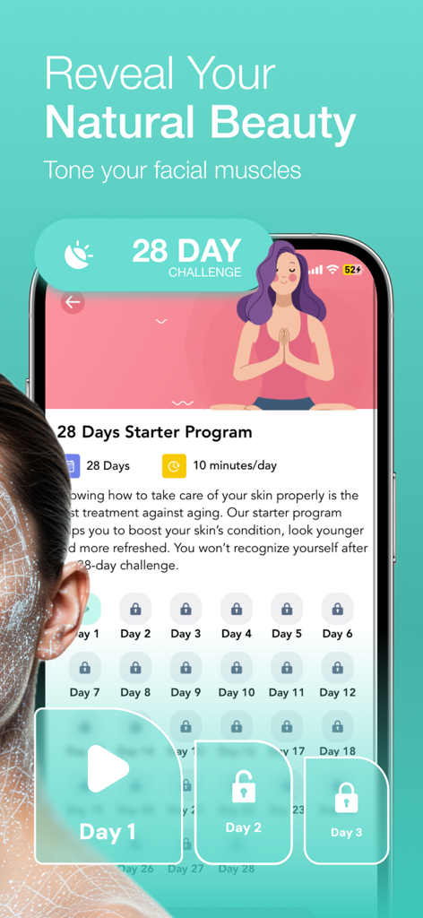 Face Yoga - Face Exercises - Interface of the Face Yoga app showing a 28 day starter program and exercise calendar