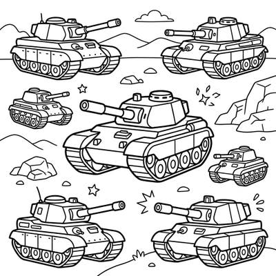 Get ready for an exciting coloring adventure with our collection of military tanks! This page features several friendly, cartoon-style tanks perfect for young artists to bring to life with their favorite colors.