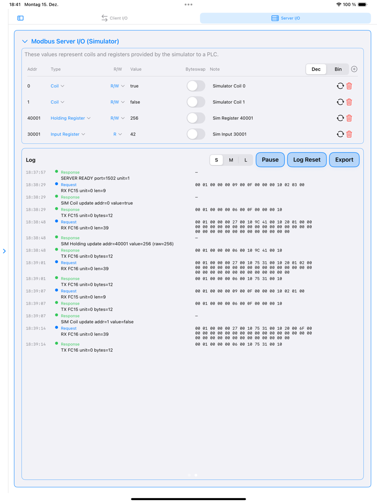 JCH Modbus Studio - JCH Modbus Studio app on iPad showing the Modbus server simulator interface and communication logs