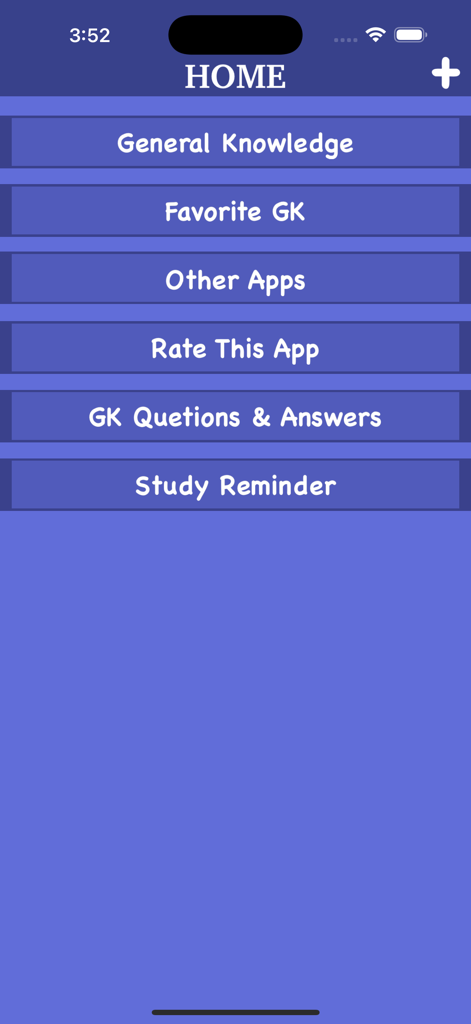 World General Knowledge - GK - La pantalla de inicio de la aplicación World General Knowledge GK mostrando opciones de menú para temas de estudio y preguntas de cuestionarios.