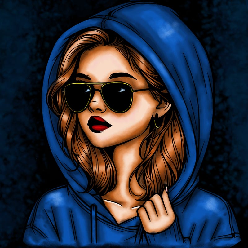 realistic teenage girl, wearing a hoodie and sunglasses