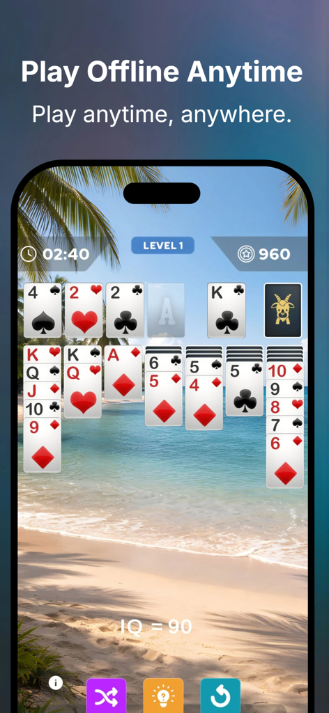 Solitaire Classic – Klondike - Solitaire Classic Klondike gameplay showing a beach theme and offline play message