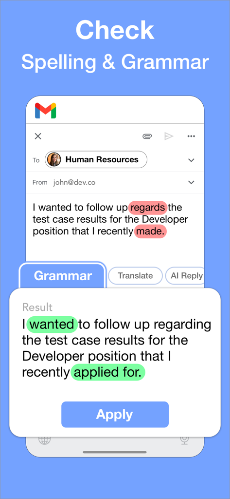 TyprAI: AI Keyboard & Writer - TyprAI app interface showing AI powered grammar and spelling correction for a professional email draft